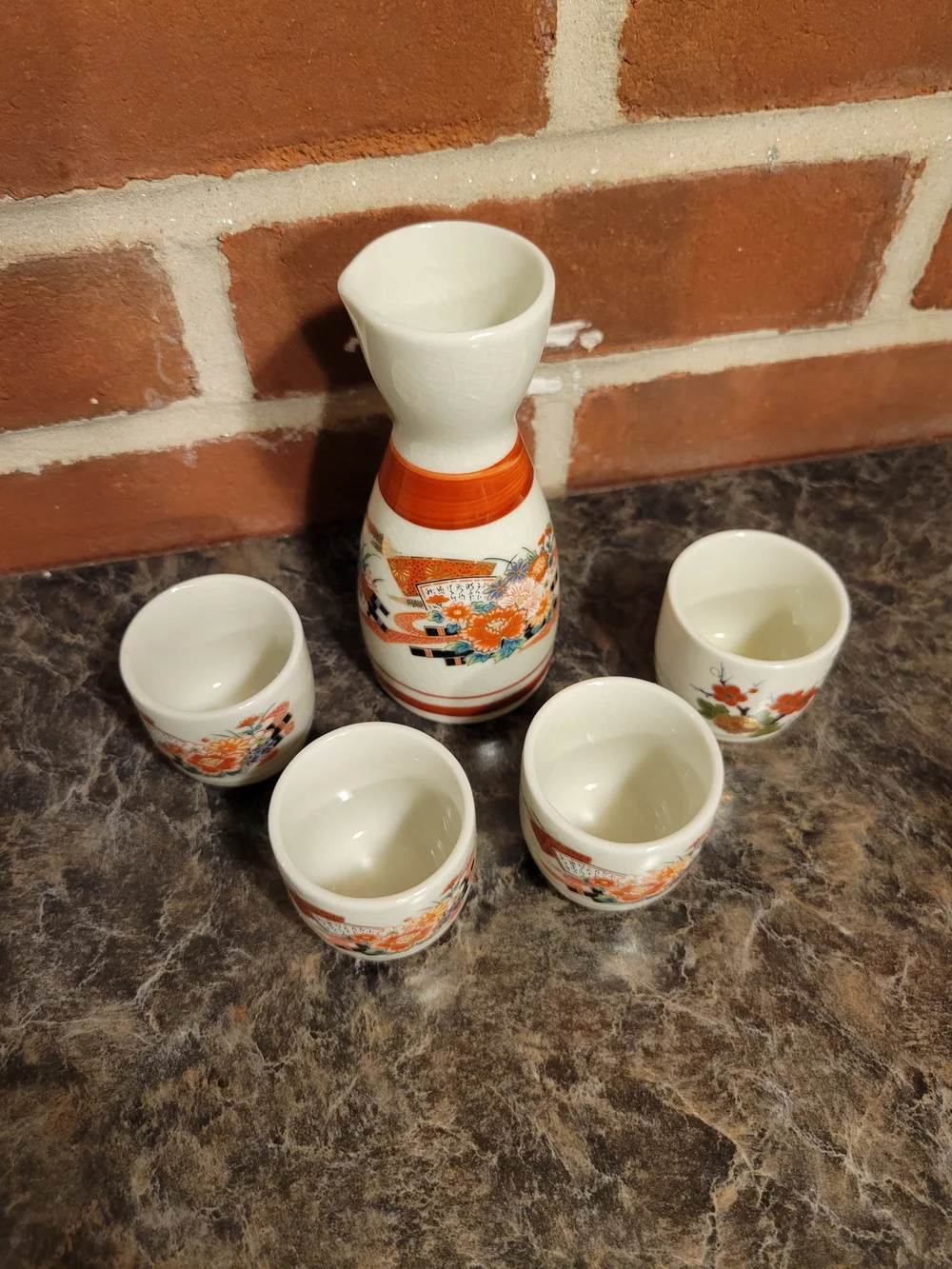 Porcelain Sake Set with Orange Florals